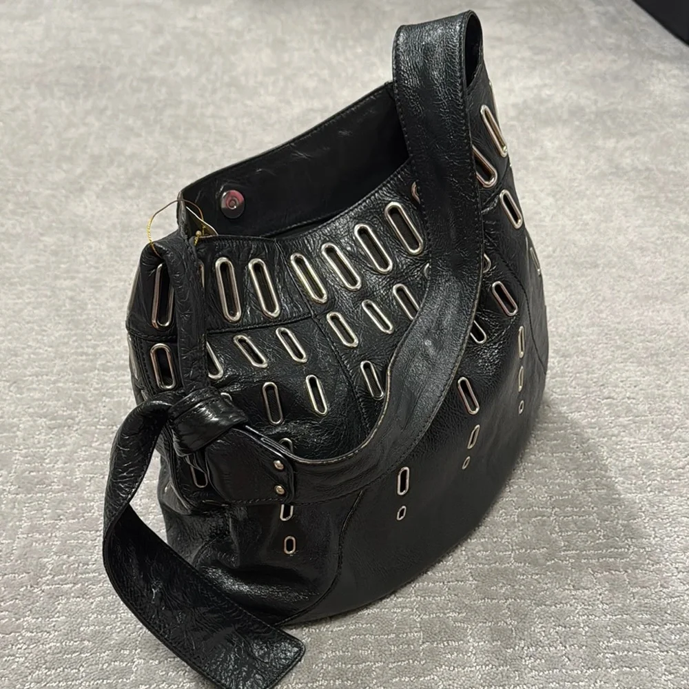 Jimmy Choo Black Leather Shoulder Bag with Metallic Embellishments